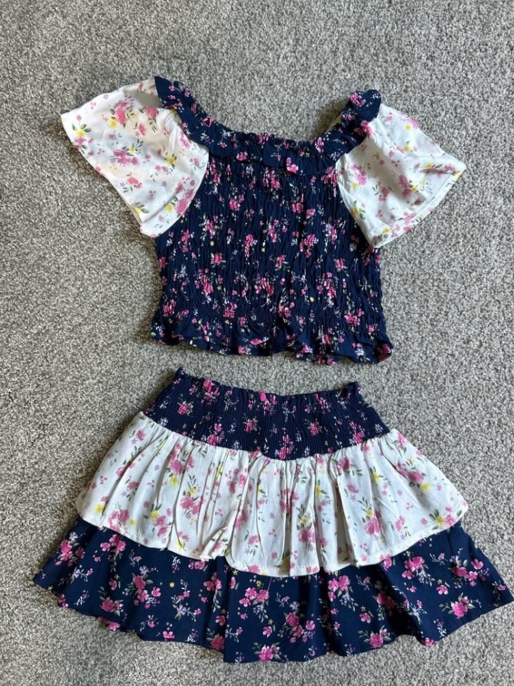 Girls Navy Floral Smocked Ruffle Rayon Set